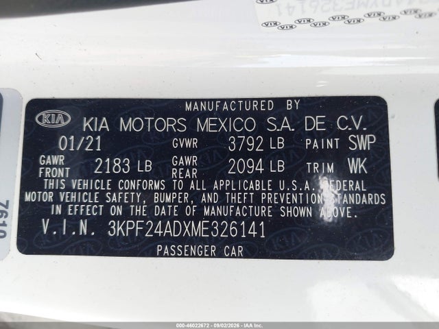 Aukcja sprzedaży 2021 Kia Forte Lxs, vin: 3KPF24ADXME326141, numer aukcji: 46022672