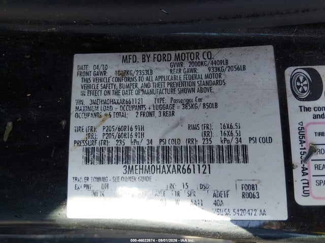 Продажа на аукционе авто 2010 Mercury Milan, vin: 3MEHM0HAXAR661121, номер лота: 46022674