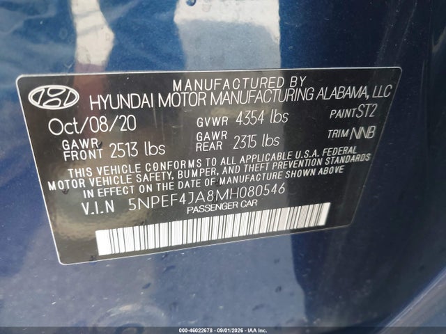 Aukcja sprzedaży 2021 Hyundai Sonata Sel, vin: 5NPEF4JA8MH080546, numer aukcji: 46022678