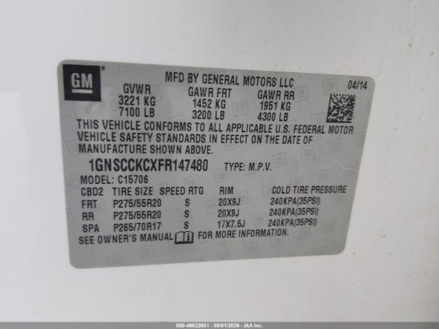 Aukcja sprzedaży 2015 Chevrolet Tahoe Ltz, vin: 1GNSCCKCXFR147480, numer aukcji: 46022681
