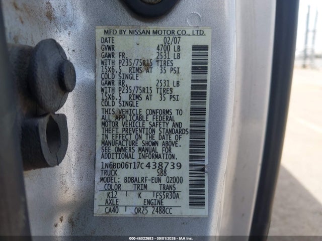 Продаж на аукціоні авто 2007 Nissan Frontier Xe, vin: 1N6BD06T17C438739, номер лоту: 46022683