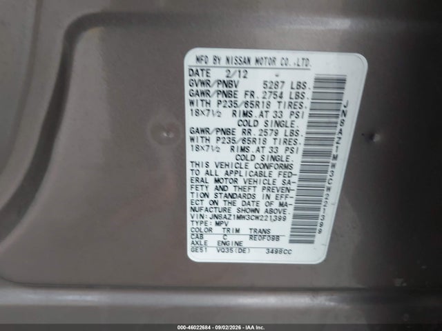 2012 Nissan Murano Sl მანქანა იყიდება აუქციონზე, vin: JN8AZ1MW3CW221399, აუქციონის ნომერი: 46022684