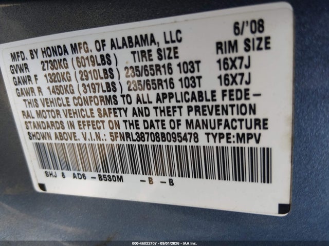 Продаж на аукціоні авто 2008 Honda Odyssey Ex-l, vin: 5FNRL38708B095478, номер лоту: 46022707