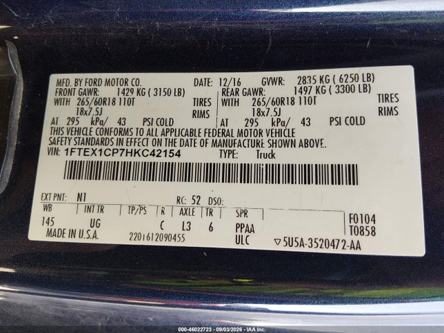 Продажа на аукционе авто 2017 Ford F-150 Xlt, vin: 1FTEX1CP7HKC42154, номер лота: 46022723
