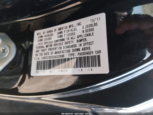 Продаж на аукціоні авто 2012 Honda Accord 2.4 Ex-l, vin: 1HGCS1B83CA002986, номер лоту: 46022728
