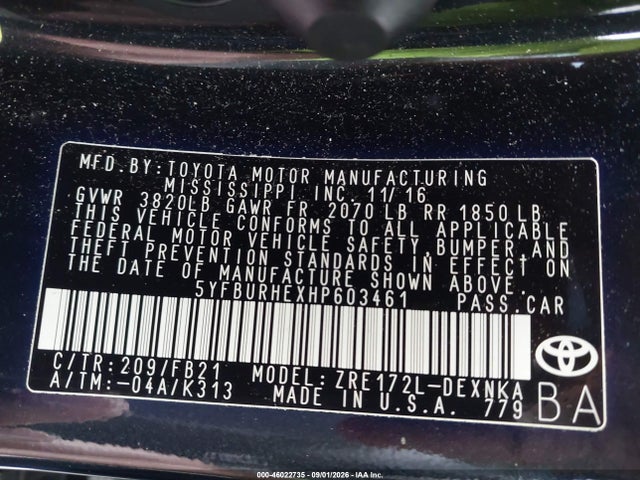 Aukcja sprzedaży 2017 Toyota Corolla Le, vin: 5YFBURHEXHP603461, numer aukcji: 46022735