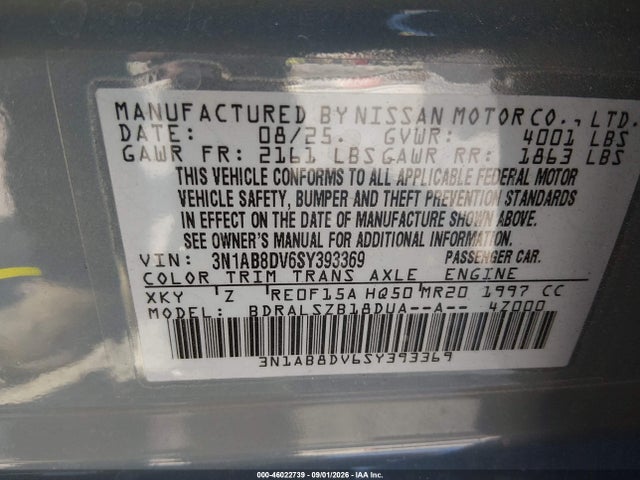 Продаж на аукціоні авто 2025 Nissan Sentra Sr, vin: 3N1AB8DV6SY393369, номер лоту: 46022739