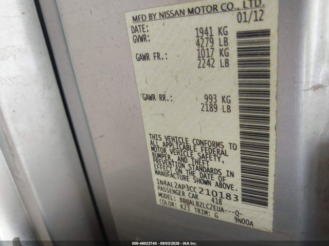 46022740 :رقم المزاد ، 1N4AL2AP3CC210183 vin ، 2012 Nissan Altima 2.5 S مزاد بيع