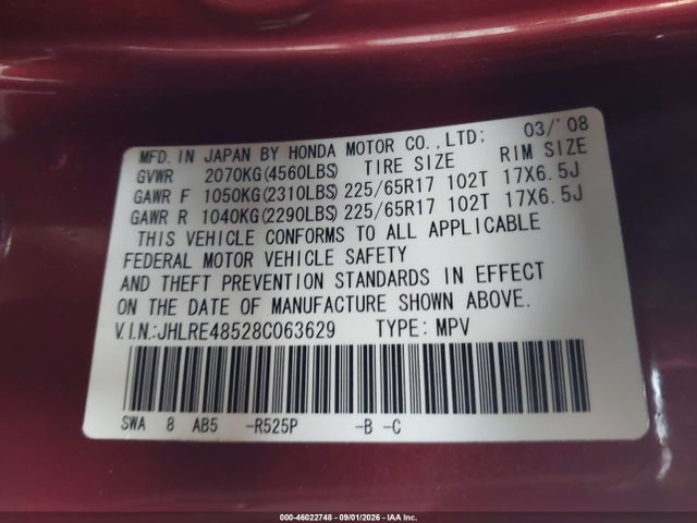 Продажа на аукционе авто 2008 Honda Cr-v Ex, vin: JHLRE48528C063629, номер лота: 46022748
