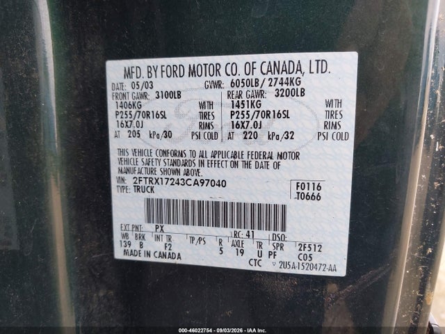2003 Ford F-150 Xl/xlt მანქანა იყიდება აუქციონზე, vin: 2FTRX17243CA97040, აუქციონის ნომერი: 46022754
