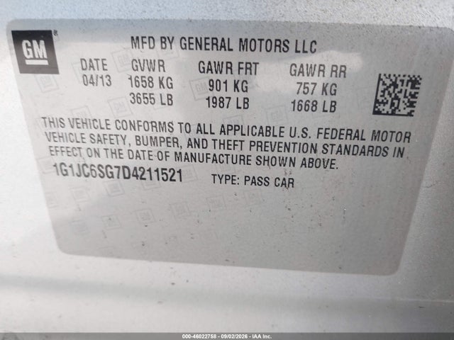 46022758 :رقم المزاد ، 1G1JC6SG7D4211521 vin ، 2013 Chevrolet Sonic Lt Auto مزاد بيع