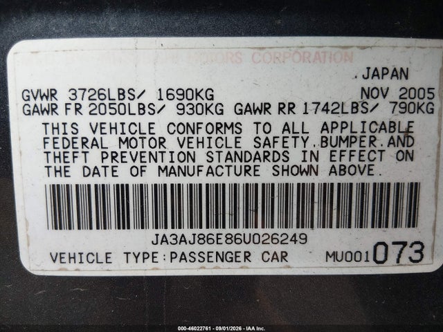 46022761 :رقم المزاد ، JA3AJ86E86U026249 vin ، 2006 Mitsubishi Lancer Oz Rally مزاد بيع
