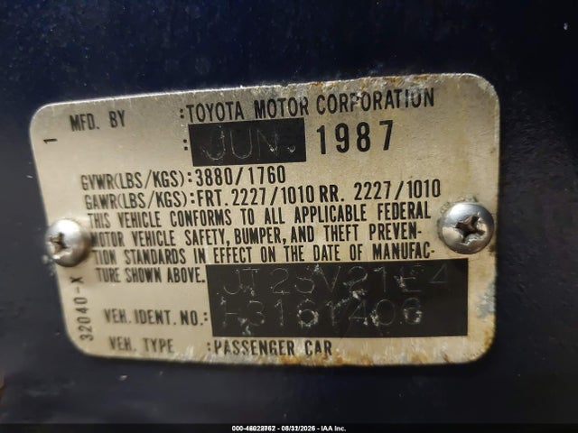 Aukcja sprzedaży 1987 Toyota Camry Dlx, vin: JT2SV21E4H3161406, numer aukcji: 46022762