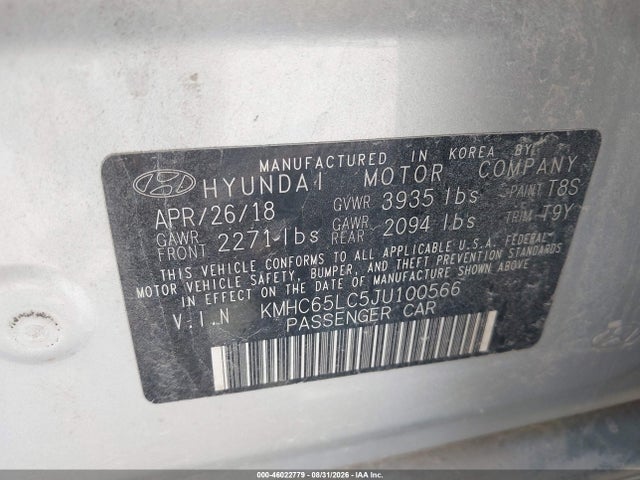 46022779 :رقم المزاد ، KMHC65LC5JU100566 vin ، 2018 Hyundai Ioniq Hybrid Blue مزاد بيع