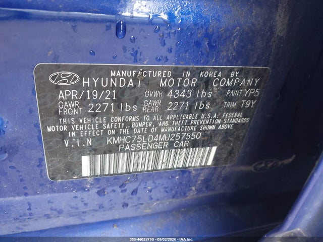46022790 :رقم المزاد ، KMHC75LD4MU257550 vin ، 2021 Hyundai Ioniq Plug-in Hybrid Sel مزاد بيع