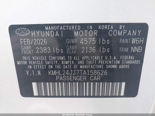 Продажа на аукционе авто 2026 Hyundai Sonata Hybrid Blue, vin: KMHL24JJ7TA158626, номер лота: 46022792