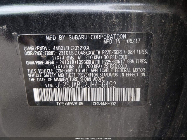 46022822 :رقم المزاد ، JF2SJABC2JH456492 vin ، 2018 Subaru Forester 2.5i مزاد بيع