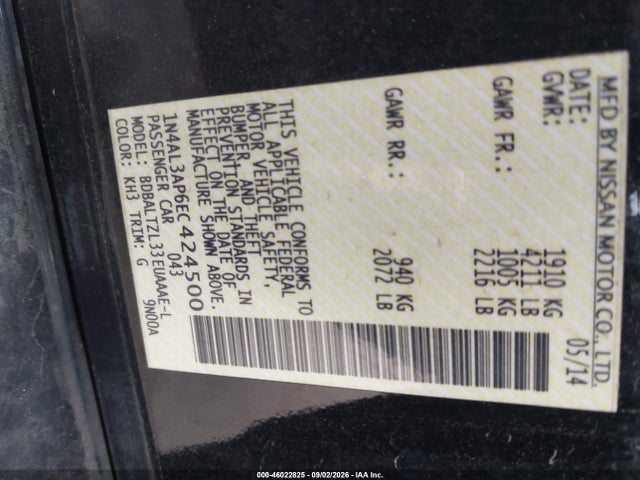 46022825 :رقم المزاد ، 1N4AL3AP6EC424500 vin ، 2014 Nissan Altima 2.5 Sv مزاد بيع