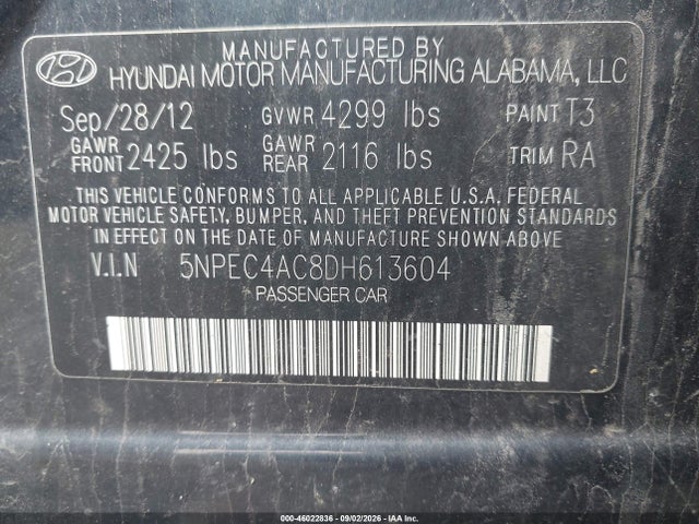 46022836 :رقم المزاد ، 5NPEC4AC8DH613604 vin ، 2013 Hyundai Sonata Se مزاد بيع