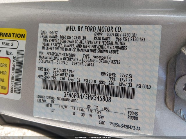 Продаж на аукціоні авто 2017 Ford Fusion Se, vin: 3FA6P0H75HR345808, номер лоту: 46022837