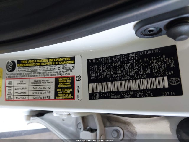 Продаж на аукціоні авто 2021 Toyota Camry Trd, vin: 4T1KZ1AK6MU054420, номер лоту: 46022843
