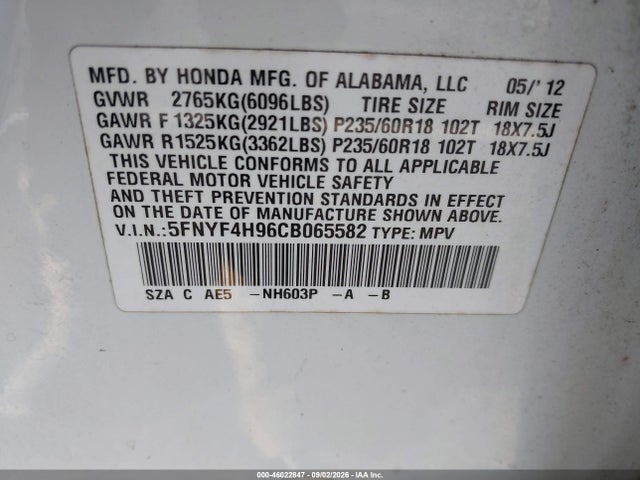 Aukcja sprzedaży 2012 Honda Pilot Touring, vin: 5FNYF4H96CB065582, numer aukcji: 46022847