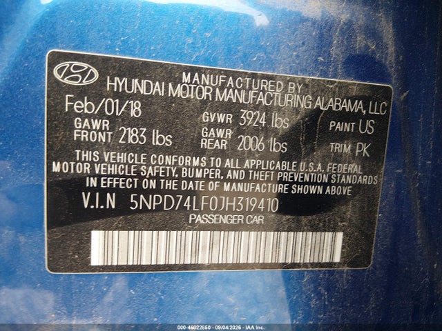 Aukcja sprzedaży 2018 Hyundai Elantra Se, vin: 5NPD74LF0JH319410, numer aukcji: 46022850