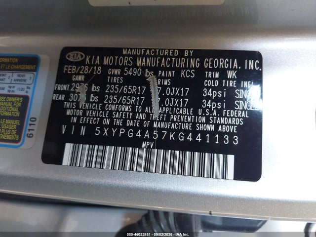 2019 Kia Sorento 3.3l Lx მანქანა იყიდება აუქციონზე, vin: 5XYPG4A57KG441133, აუქციონის ნომერი: 46022851