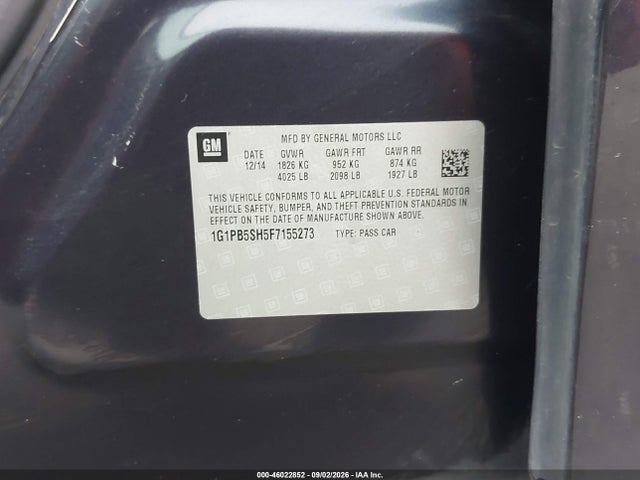 46022852 :رقم المزاد ، 1G1PB5SH5F7155273 vin ، 2015 Chevrolet Cruze Ls Manual مزاد بيع