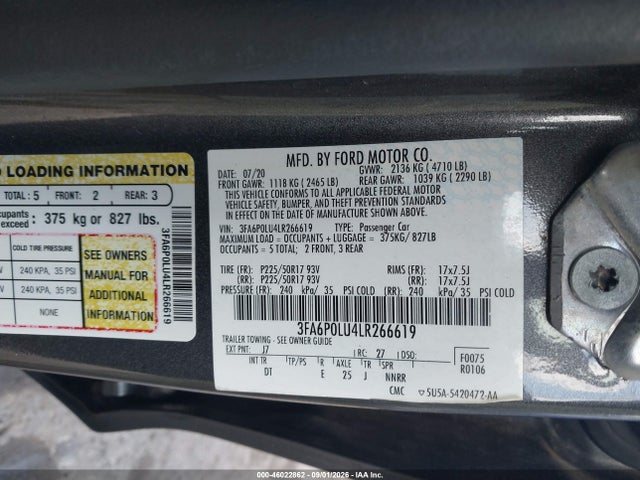 2020 Ford Fusion Hybrid Se მანქანა იყიდება აუქციონზე, vin: 3FA6P0LU4LR266619, აუქციონის ნომერი: 46022862