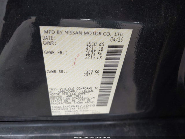 1N4AL3AP1FN871046 Nissan Altima 2.5/2.5 S/2.5 Sl/2.5 Sv