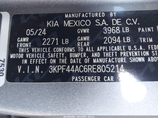 2024 Kia Forte Gt მანქანა იყიდება აუქციონზე, vin: 3KPF44AC6RE805214, აუქციონის ნომერი: 46022865