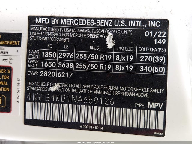 Aukcja sprzedaży 2022 Mercedes-benz Gle 350 4matic, vin: 4JGFB4KB1NA669126, numer aukcji: 46022875