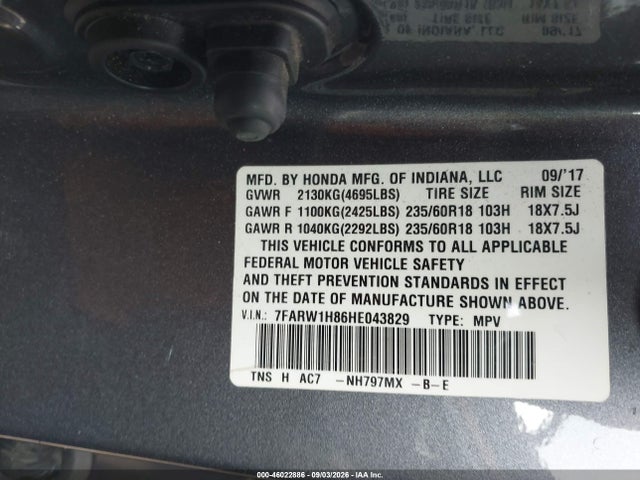 46022886 :رقم المزاد ، 7FARW1H86HE043829 vin ، 2017 Honda Cr-v Ex-l/ex-l Navi مزاد بيع