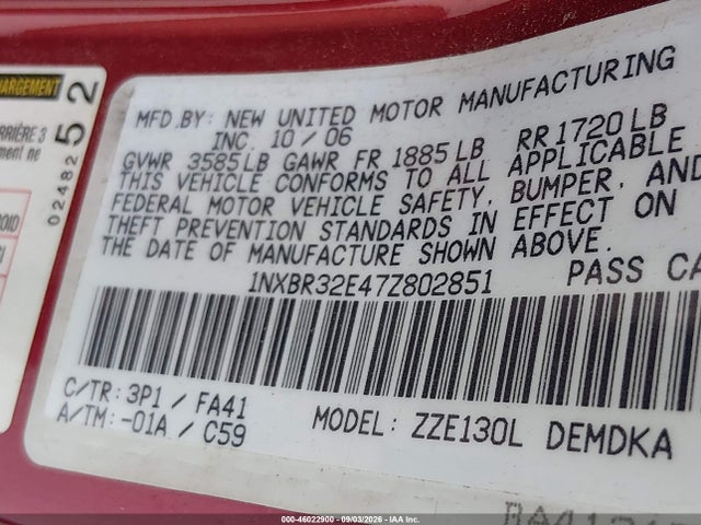 Auction sale of the 2007 Toyota Corolla Ce, vin: 1NXBR32E47Z802851, lot number: 46022900