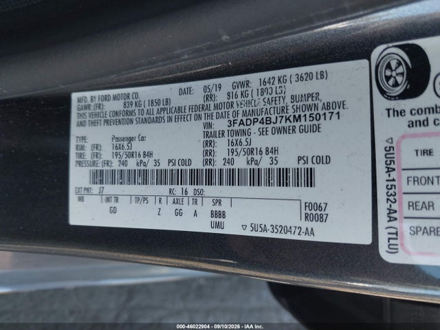 2019 Ford Fiesta Se მანქანა იყიდება აუქციონზე, vin: 3FADP4BJ7KM150171, აუქციონის ნომერი: 46022904