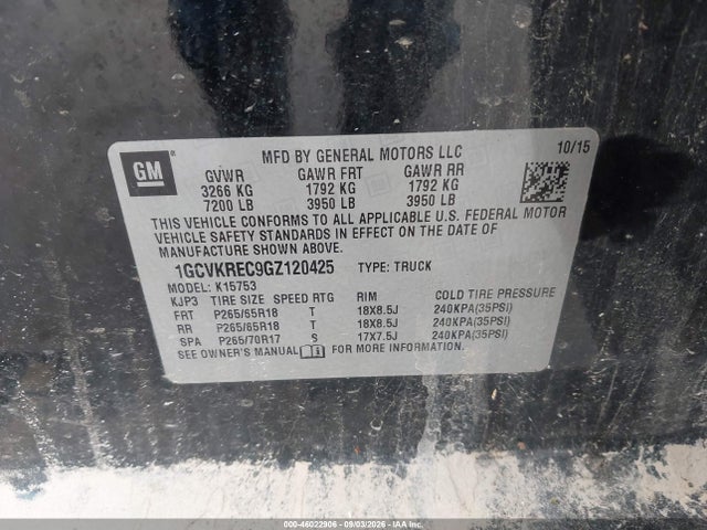 46022906 :رقم المزاد ، 1GCVKREC9GZ120425 vin ، 2016 Chevrolet Silverado 1500 Lt مزاد بيع