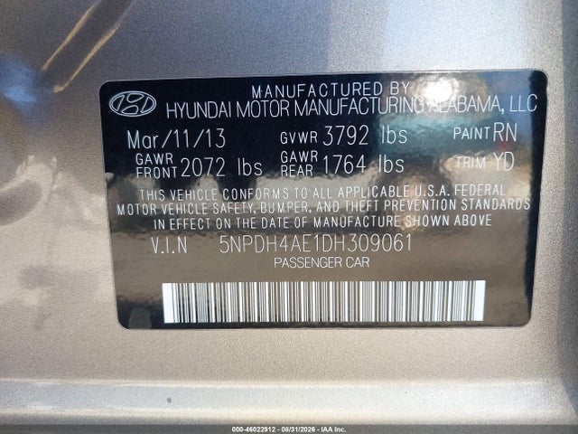 2013 Hyundai Elantra Gls მანქანა იყიდება აუქციონზე, vin: 5NPDH4AE1DH309061, აუქციონის ნომერი: 46022912