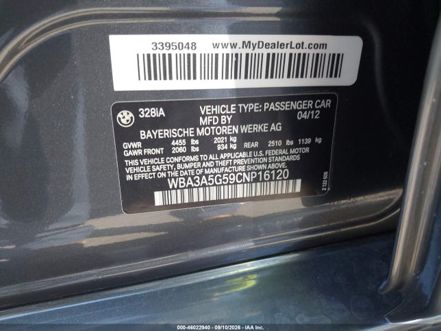 Aukcja sprzedaży 2012 Bmw 328i, vin: WBA3A5G59CNP16120, numer aukcji: 46022940