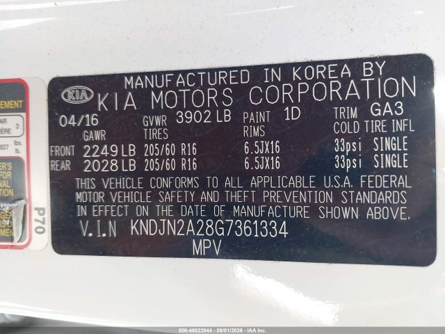 2016 Kia Soul მანქანა იყიდება აუქციონზე, vin: KNDJN2A28G7361334, აუქციონის ნომერი: 46022944