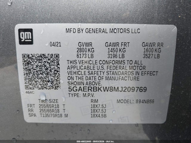 46022950 :رقم المزاد ، 5GAERBKW8MJ209769 vin ، 2021 Buick Enclave Fwd Essence مزاد بيع