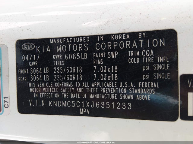 Продажа на аукционе авто 2018 Kia Sedona Ex, vin: KNDMC5C1XJ6351233, номер лота: 46022957