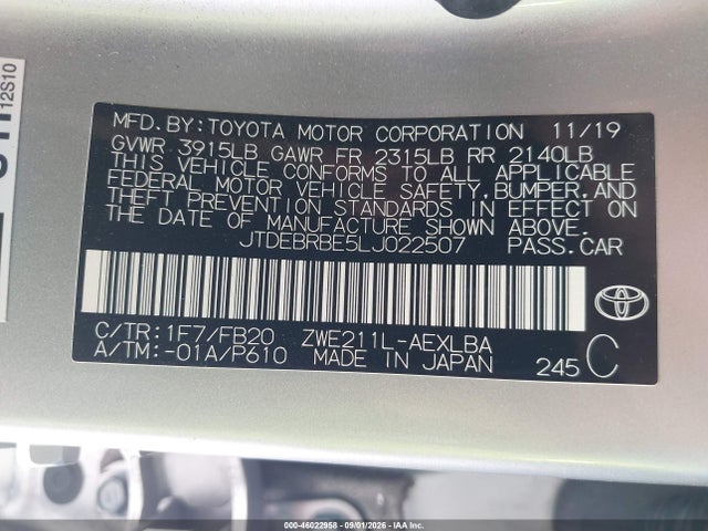 46022958 :رقم المزاد ، JTDEBRBE5LJ022507 vin ، 2020 Toyota Corolla Hybrid Le مزاد بيع