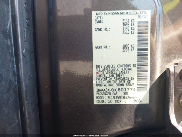 Aukcja sprzedaży 2013 Nissan Maxima 3.5 Sv, vin: 1N4AA5AP0DC801774, numer aukcji: 46022981