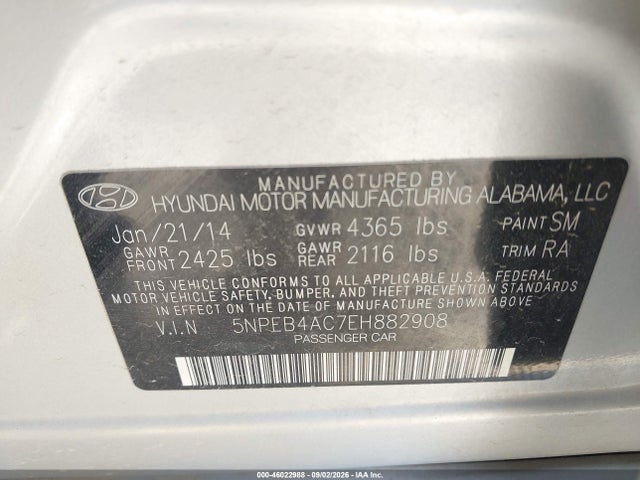 2014 Hyundai Sonata Gls მანქანა იყიდება აუქციონზე, vin: 5NPEB4AC7EH882908, აუქციონის ნომერი: 46022988