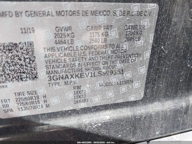 Продаж на аукціоні авто 2020 Chevrolet Equinox Fwd Lt 1.5l Turbo, vin: 3GNAXKEV1LS599351, номер лоту: 46022990