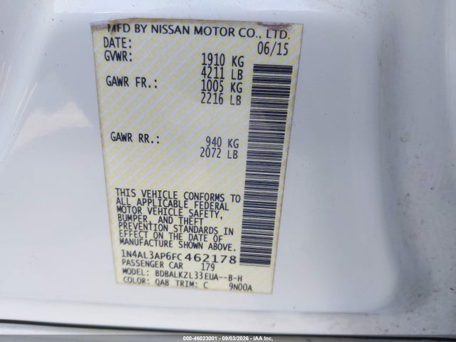 2015 Nissan Altima 2.5 Sv მანქანა იყიდება აუქციონზე, vin: 1N4AL3AP6FC462178, აუქციონის ნომერი: 46023001