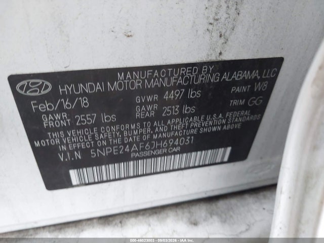 Продажа на аукционе авто 2018 Hyundai Sonata Se, vin: 5NPE24AF6JH694031, номер лота: 46023003
