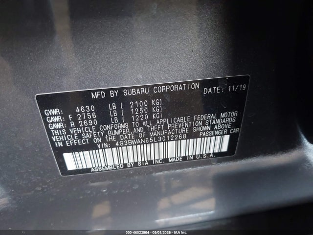 Aukcja sprzedaży 2020 Subaru Legacy Limited, vin: 4S3BWAN65L3012268, numer aukcji: 46023004