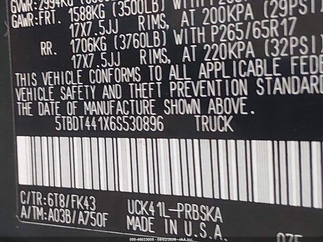 2006 Toyota Tundra Sr5 V8 მანქანა იყიდება აუქციონზე, vin: 5TBDT441X6S530896, აუქციონის ნომერი: 46023005
